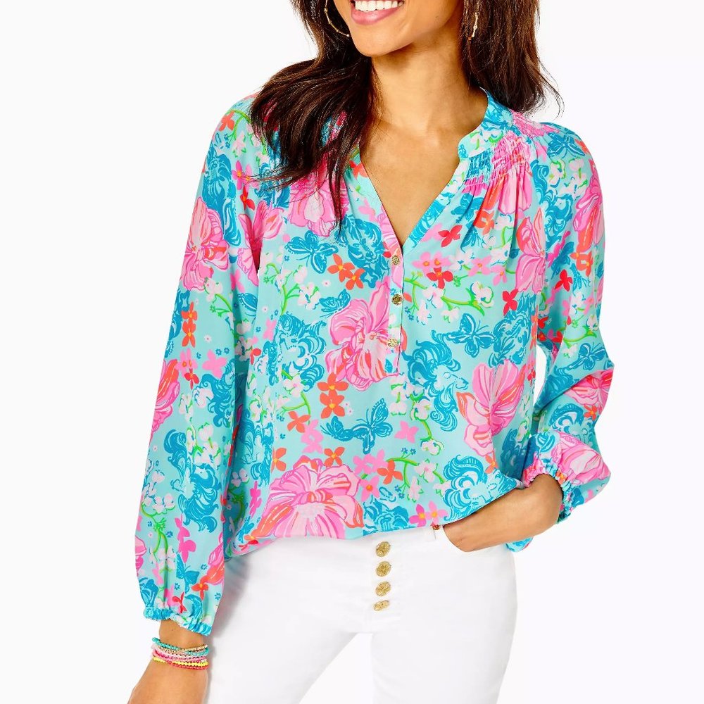 New Lilly Pulitzer Elsa Silk Top, Luscious Lions - Picture 4 of 6